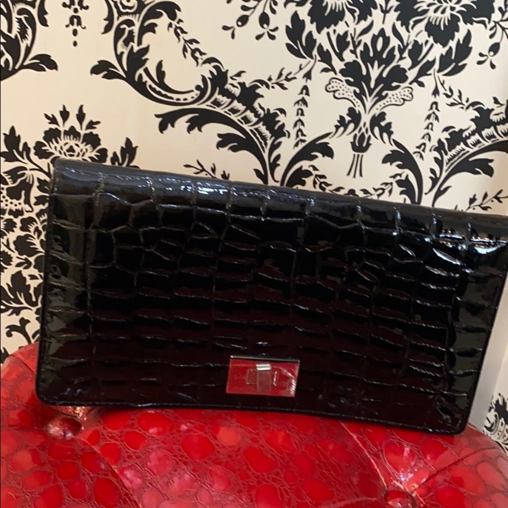 Black croc print oversize patent clutch